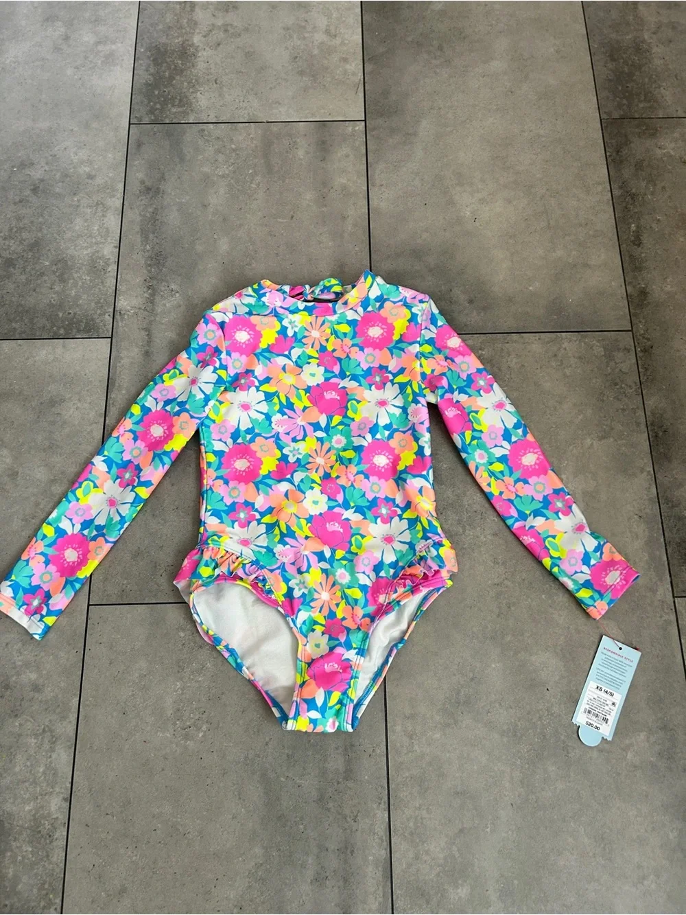 NEW cat & jack girls floral printed one piece swimsuit rash guard neon 4/5